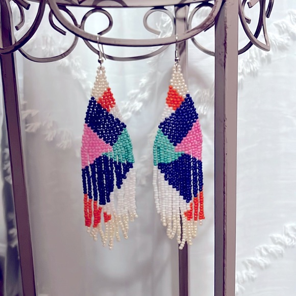 Handmade Native Bohemian Statement Seed Bead Tassel Fringe Drop Earrings - Picture 2 of 4